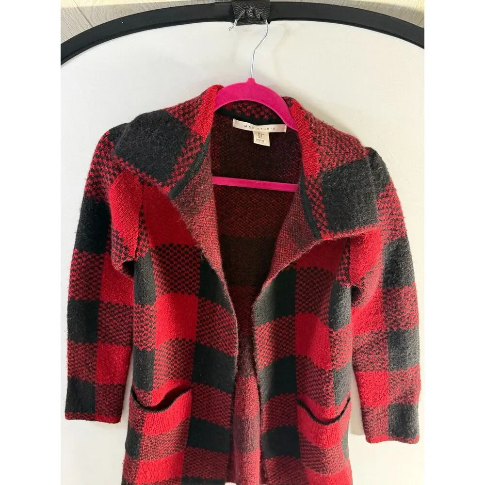Max Studio Red Black Buffalo Plaid Open Front Cardigan Sweater Jacket